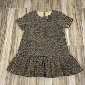 Idem Ditto Dress M Brown Denim Leopard Print Ruffled Hem Boho Preppy Maximalist